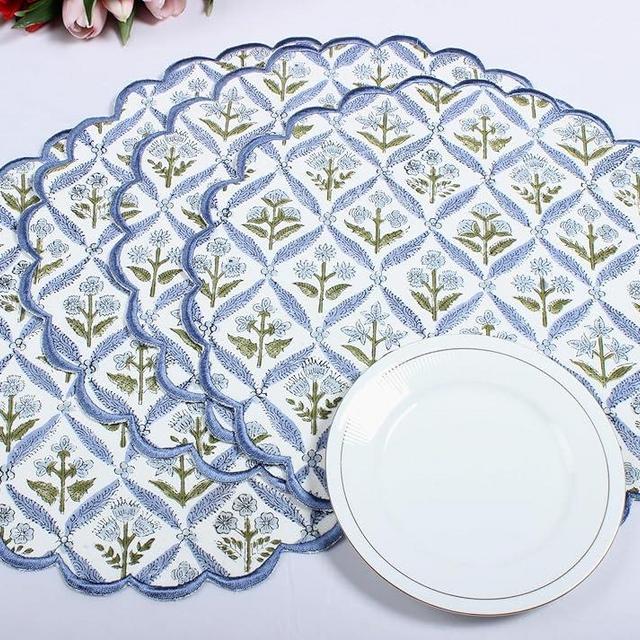 Ridhi Light Steel Blue Bo-ho Round Place Mat Easter Floral Cotton Washable Placemats 15" Round Embroidery Block Print Table Mat Pack of 8-15 Inch Round