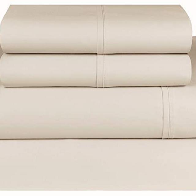 Threadmill Home Linen Queen Sheets - 100% Natural Cotton 600 Thread Count, 4 Piece Sateen Weave Beige Bed Set, Smooth ELS Combed Cotton, Solid Bedsheets with Elasticized Deep Pocket