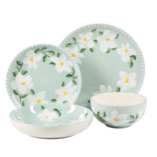Bloomhouse - Oprah's Favorite Things - Magnolia Bloom 16 Piece Double Bowl Hand Painted Stoneware Plates and Bowls Floral Dinnerware Set