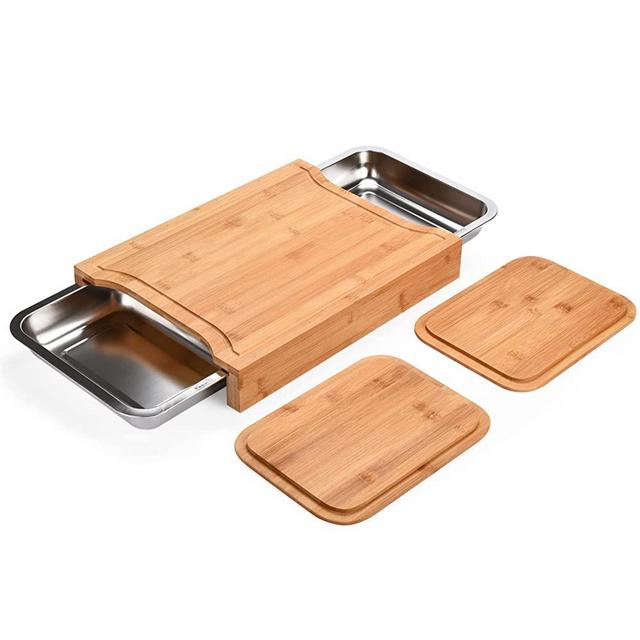 Bamboo Cutting Board - Chopping Board with Stainless Steel Juice Catcher Groove & Storage Tray including 2 Bamboo Covers - For Preparing or Serving Fruit, Vegetables, Steak, Meat, or Cheese