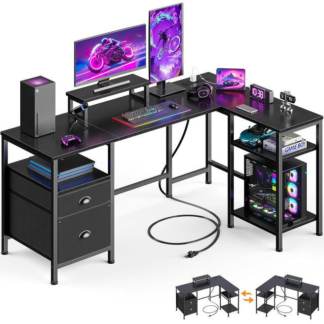 Furologee 50 Inch L Shaped Gaming Desk with Power Outlet, Corner Computer Desk for Home Office, Reversible Work Study Table with File Drawer, Monitor Stand, Storage Shelves, Black