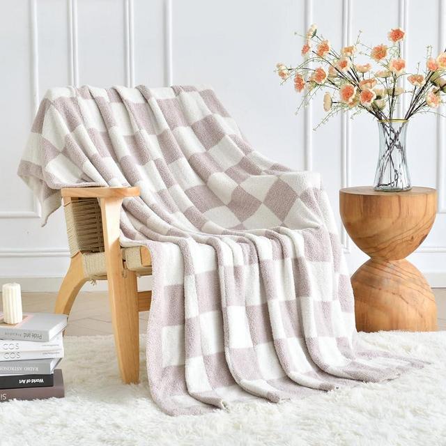 Xiashrk Checkered Throw Blanket for Couch, Checkerboard Blankets for Sofa Bed, Cozy Checkered Decorative Travel Blanket for Living Room Camping (Ivory White, Twin 60"x80")