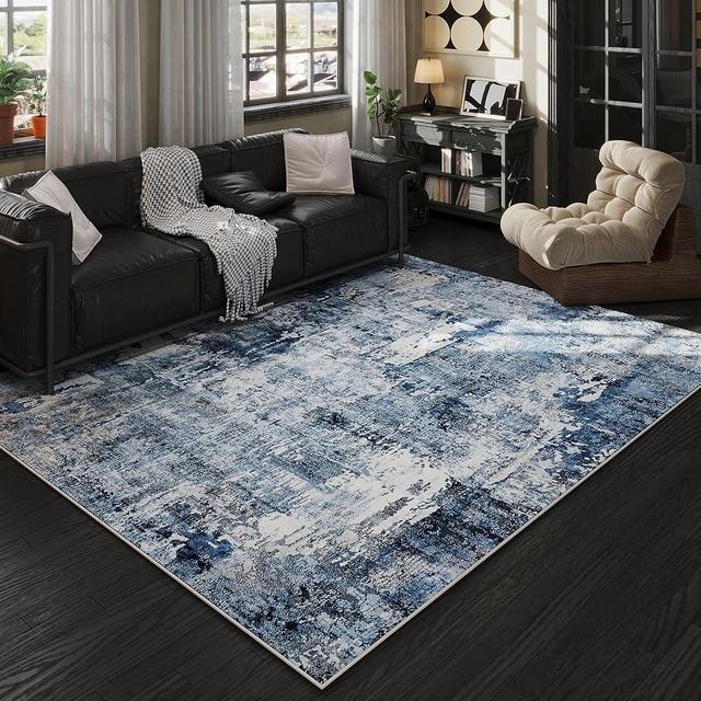 Rugcomf 6x9 Rug Washable Bedroom Rug Large Boho Rug Soft Area Rug Abstract Pattern Non-Slip Non-Shedding Faux Wool Vintage Rug for Living Room, Farmhouse, Dining Room, Kids Playroom, Blue