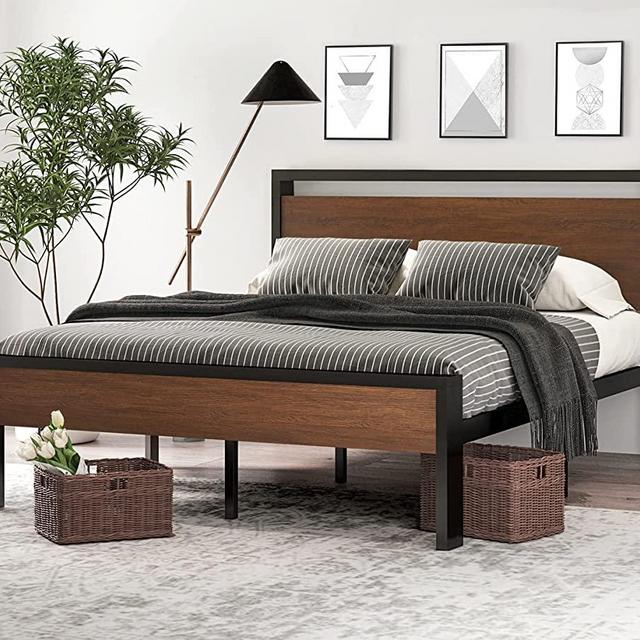 SHA CERLIN 14 Inch Queen Size Metal Platform Bed Frame with Wooden Headboard and Footboard, Mattress Foundation, No Box Spring Needed, Large Under Bed Storage, Non-Slip Without Noise, Modern Walnut