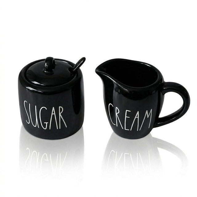 Sugar and Creamer Set, Cream Container and Sugar Holder Set for Coffee Bar, Farmhouse Sugar Bowl with Lid and Spoon, Ceramic Sugar Dispenser and Creamer Pitcher Set for Countertop (Black)