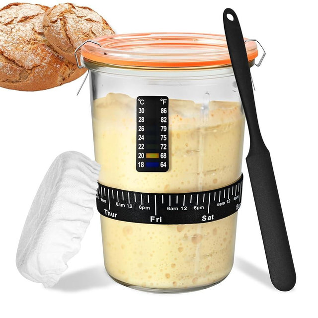 Sourdough Starter Kit, Sourdough Starter Jar Glass Wide Mouth, Sourdough Kit with Thicken Sourdough Glass Jar 27oz, Spatula, Thermometer, Cloth Cover, Feeding band, Sourdough Bread Baking Supplies