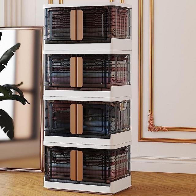 Storage Bins with Lids - 4 Packs 19Gal Plastic Storage Bins for Closet Organizers and Storage, Folding Storage Box, Stackable Storage Bins with Open Front Door, Collapsible Storage Bins with wheels