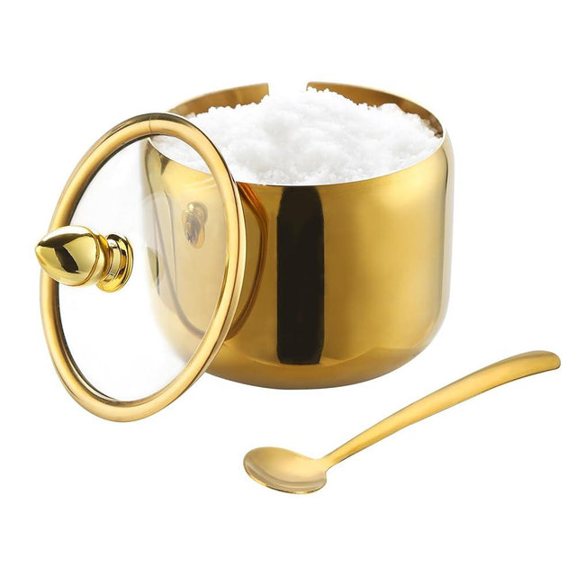 IBWell 10oz Sugar Bowl with Lid and Spoon Gold Sugar Container with Spoon for Coffee Bar Kitchen Accessories for Seasoning Sugar Salt Coffee Bean