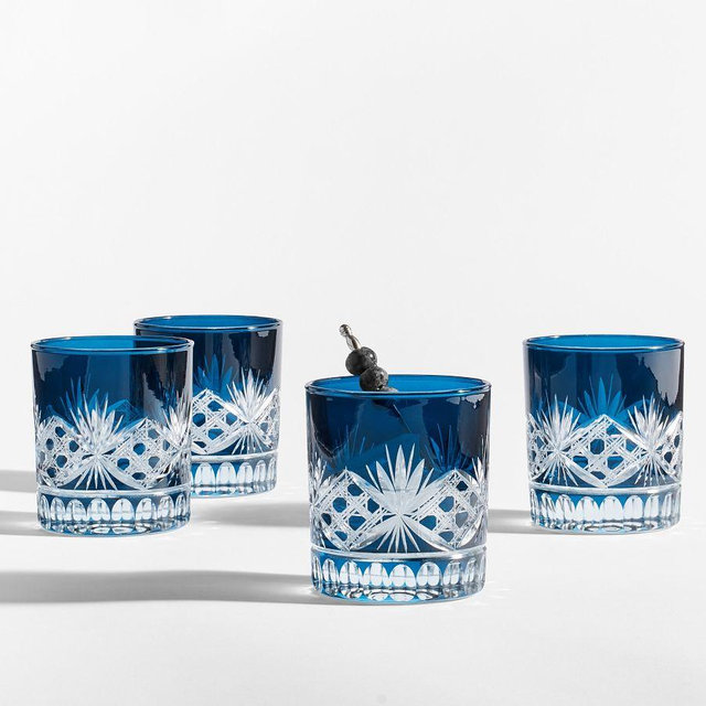 Antique Cut Double Old Fashioned Glasses, Set of 4 - Blue
