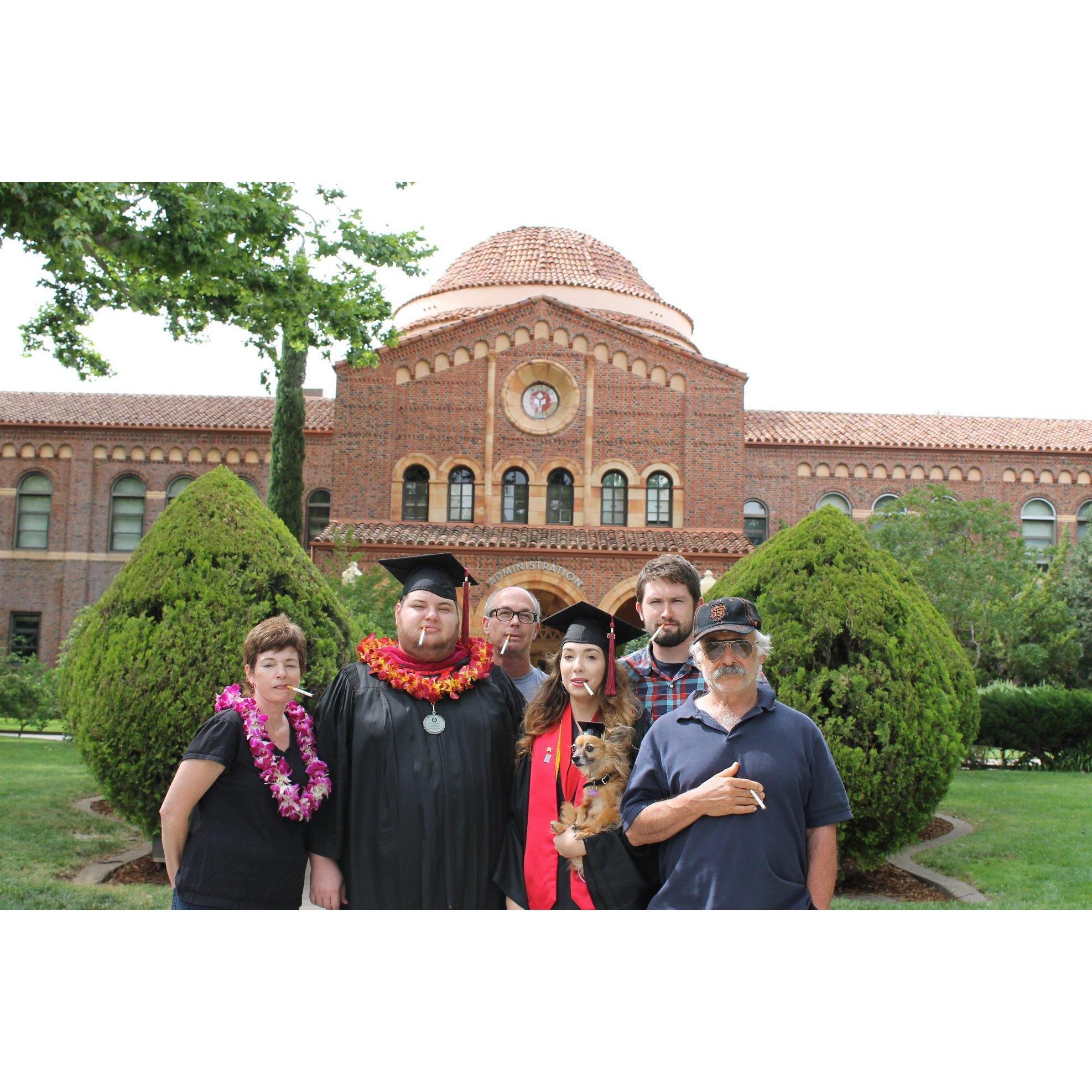 Graduation 2015 (Kait's B.A. and Scott's M.A) with Geri, Larry, Uncle Don, Kait, Derek and Chee.