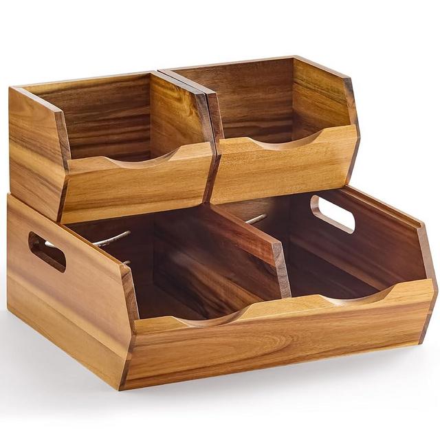 NAGAWOOD Acacia Wood Pantry Storage Bins - Stackable Open Front Kitchen Baskets for Potato, Onion, Fruit, Vegetable, and Bread Storage, Wood Organizer for Pantry and Countertop Organization