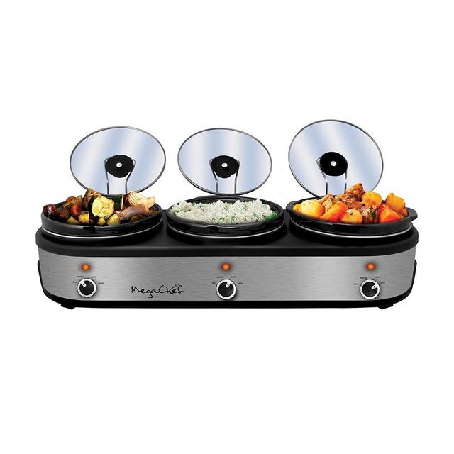 MegaChef Warmer Elite 2.5 Quart Slow Cooker and Buffet Server in Brushed Silver and Black Finish with 3 Ceramic Cooking Pots and Removable Lid Rests