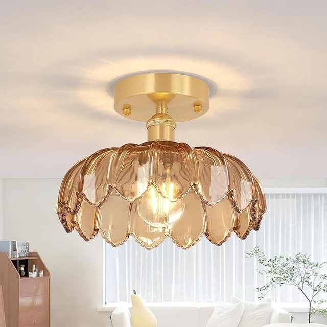 Shenmoyl Semi Flush Mount Ceiling Light, Gold Hallway Vintage Lights Fixture Ceiling with Amber Peony Glass, Bulb Included, 4.72" Base Modern Ceiling Light Fixtures for Kitchen Bedroom
