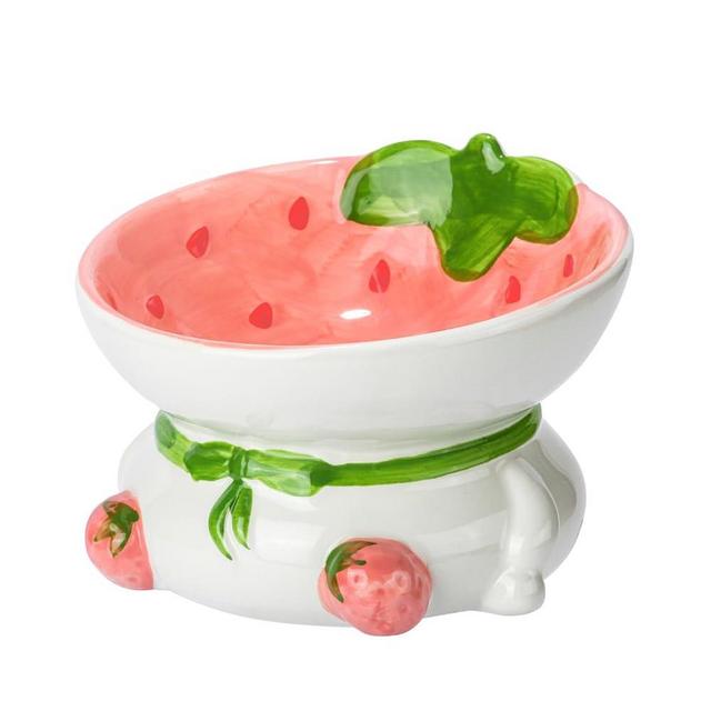 Raised Cat Bowls, Elevated Ceramic Cat food Bowl for Indoor Cats, Wide Shallow Cat Food Dish, Whisker Fatigue, Lead & Cadmium Free,Cute Fruit Themed Bowl for Flat Faced Cats and kitten（Strawberry