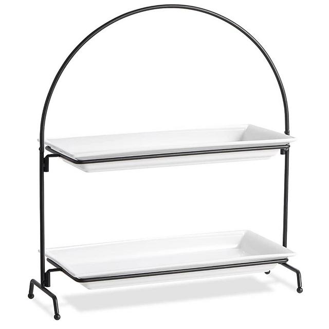 ONEMORE 2-Tier Large Serving Tray - Arch Collapsible Food Display Stand with Rectangular Ceramic Platters - Bright White