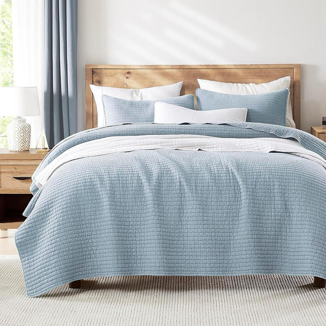 WDCOZY Blue King Size Quilt Set, Muslin Cotton Shell Down-Alt Poly Filling, Shabby Chic Rustic Farmhouse Country Bedspread, Textured Gauze Coverlet, Soft Lightweight Bedding, All Season, 2 Shams