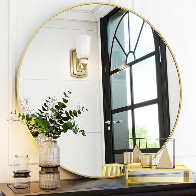 VooBang Gold Round Bathroom Mirror, 30 inch Circle Mirror, Round Wall Mirror with Simple Metal Frame, Modern Round Hanging Mirror for Bathroom, Hallway, Living Room (Gold Frame)