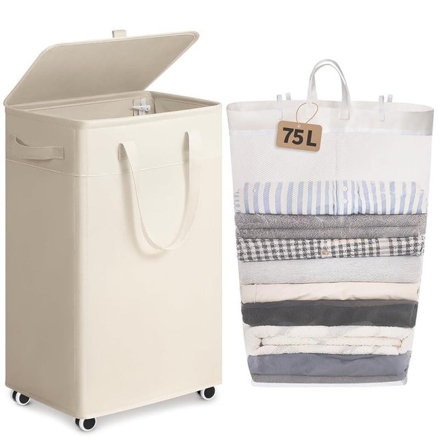 Goodpick White Laundry Basket with Wheels, 75L Rolling Laundry Hamper for Bedroom Bathroom, Foldable Large Clothes Hamper with Lid and Removable Wash Bag, 16.5" x 12.5" x 27.5"