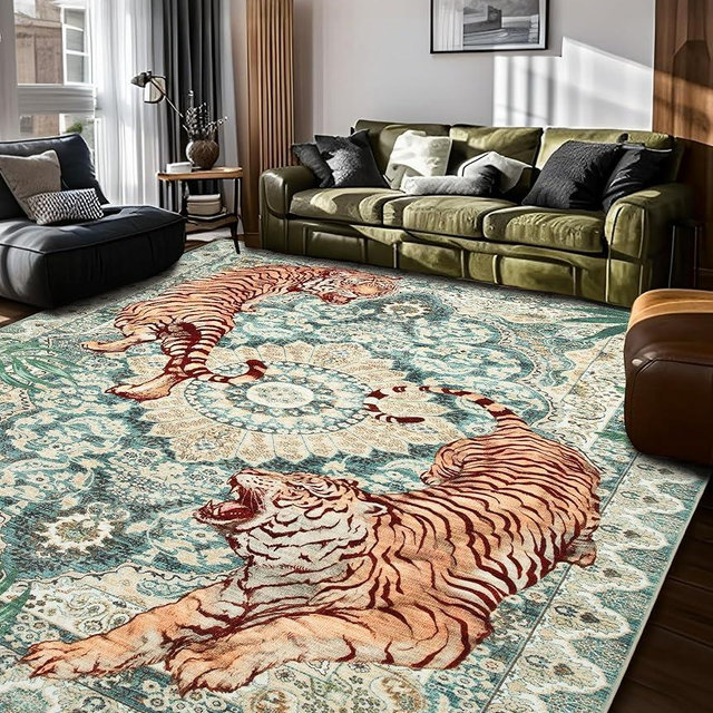 chakme Tiger Green Washable Area Rugs 8’x10’, Soft Bedroom Rug for Living Room Ultra-Thin Non Slip Dining Room Rug, for Nursery, Classroom, Playroom, Bedroom (Green, 8x10FT)