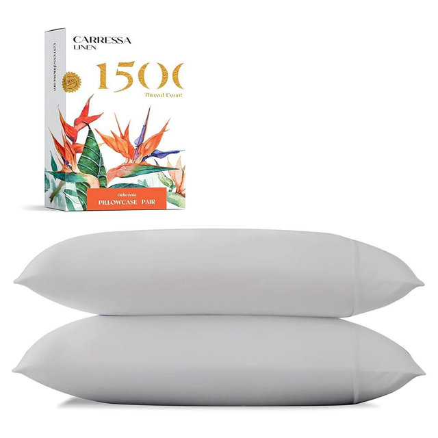 Carressa Linen 100% Egyptian Cotton Pillow Cases King Size Set of 2 - Luxury 1500 Thread Count Sateen Light Grey Pillow Covers, Soft & Breathable 5 Star Hotel-Quality Pillowcases, Fits King Pillows