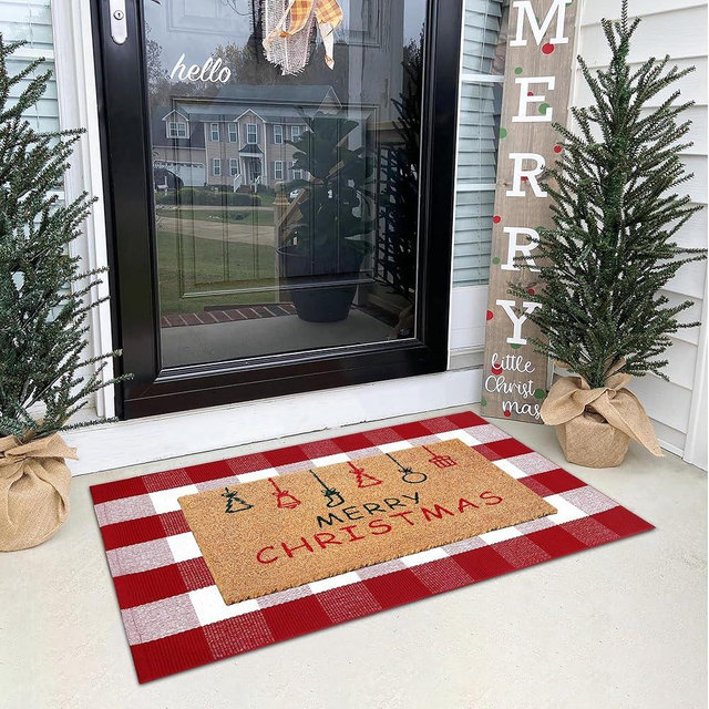 Christmas Door Mat Combo Set - 100% Coco Coir Welcome Mat + 28 x 43 Inch Red and White Plaid Rug, Holiday New Year Christmas Collection Decorative Doormat for Front Porch Entryway Decor