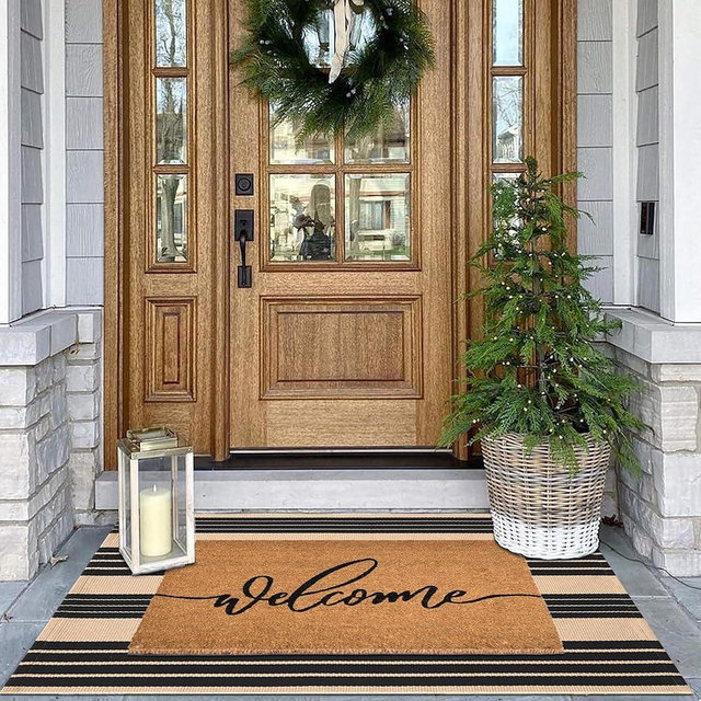 Fallovea Welcome Front Door Mats Combo Set, 100% Coco Coir Doormat + 28" x 43" Black and Brown Striped Rug, Front Porch Entryway Decor Indoor Outdoor Summer Mats