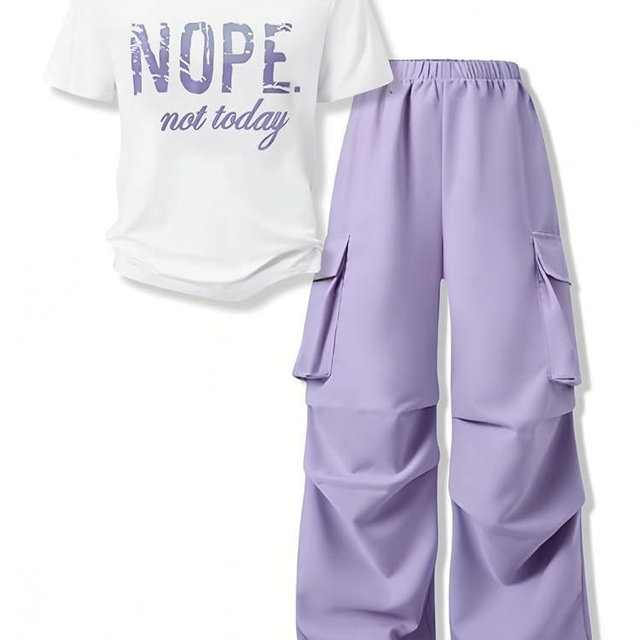 Voxikidio Girls Clothes Little Girl Outfits Letter Print Short Sleeve Tops & Cargo Pants 2PCS Girls Clothing 7-16 Years
