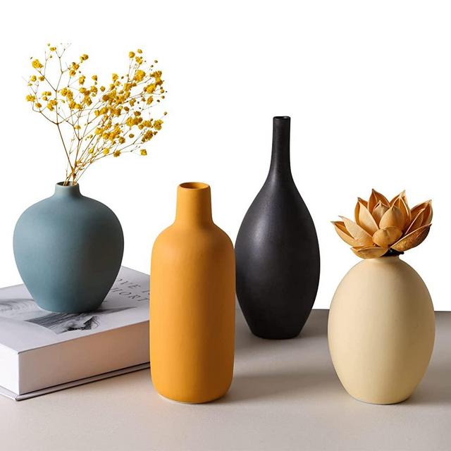 CUCUMI 4pcs Ceramic Vases Farmhouse Table Decor, Small Flower Vase Set for Coffee Table Shelf Dining Room Modern Boho Home Decor
