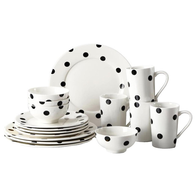 Modern Porcelain 16-Piece Dinnerware Set, Plates and Bowls Set for 4, Black Polka Dot Dinnerware,Dishwasher & Microwave Safe Ceramic Dish Set for Home Dining