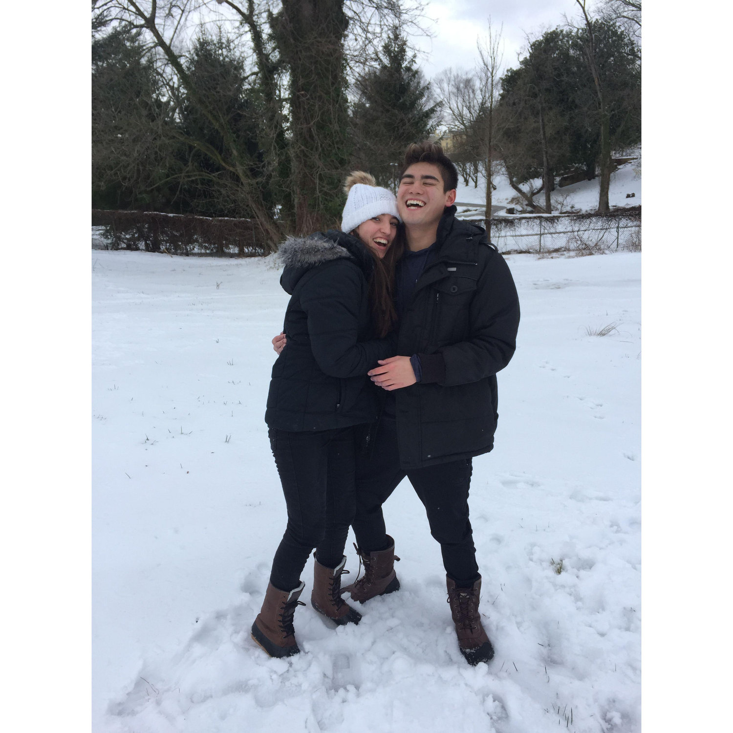 Laughing in the snow 2017, Freshman Year at Loyola.