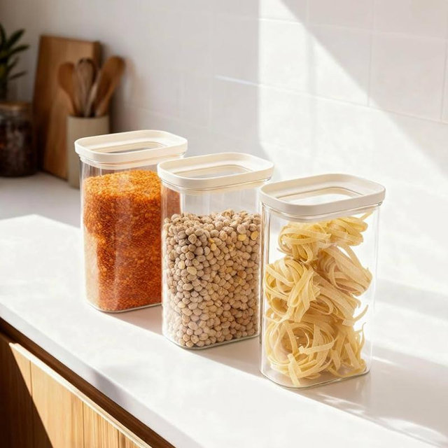 Urban Green Glass Food Storage Jar with Glass Lid in Ractangle Shape, Food Canister Set with Airtight Lids, Pantry Storage Jar for Kitchen Organization. Food Storage Containers in Pack of 3, 40oz.