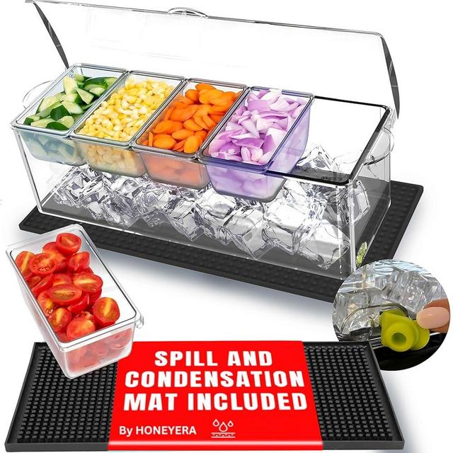 Honeyera Chilled Condiment Server | Hosting Essentials for Up to 80 Oz of Ice | Mimosa Bar Supplies w/Drain Plug | BPA-Free Taco Bar/Salad Bar | Food-Safe Condiment Caddy | Hosting Party Essentials