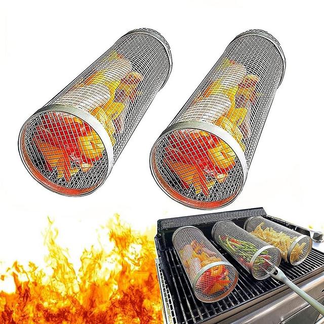 BBQ Net Tube, Rolling Grilling Basket, Stainless Steel Round Wire Mesh BBQ Tube, Portable Outdoor Camping Barbecue for Vegetables, French Fries, Fish (2pcs Large)