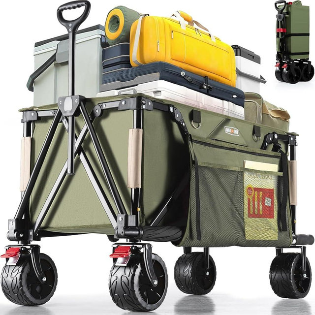 Overmont Collapsible Wagon Cart with Wheels - Foldable Heavy Duty Wagon with Big All-Terrain Wheels - 330Lbs Weight Capacity with Side Pockets for Camping Sports Garden Grocery Shopping Green