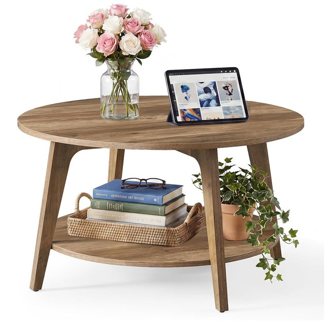 SONGMICS HOME Round Coffee Table, 2 Tier Living Room Center Table, Mid Century Modern Charm, Brown