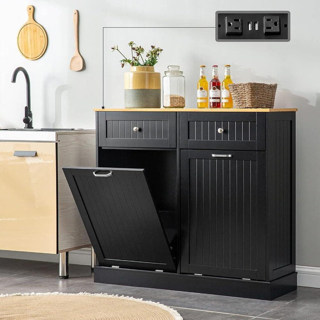 GAZHOME Double Tilt Out Trash Cabinet with Charging Station, Upgrade Wooden Free Standing Trash Cabinet with Outlet,Recycling Cabinet with Hideaway Drawer,20 Gallon Tilt Out Trash Cabinet(Black)