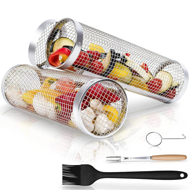 Rolling Grill Basket Set - Two BBQ Grilling Baskets, One Oil Brush, Fork and Hook. BBQ Grill Accessories Set are the Perfect Grilling Accessories for Outdoor Grill or Campfire Grill Grate, Grill Pan