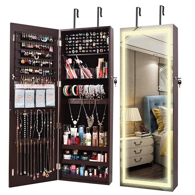 ORAF LED Wall Door Mirror Full Length Jewelry Cabinet Armoire, Hanging Jewelry Organizer Box over the Door Wall Mounted Mirror with Intelligent Switch, 3 Adjustable LED Lights Colors (Brown)