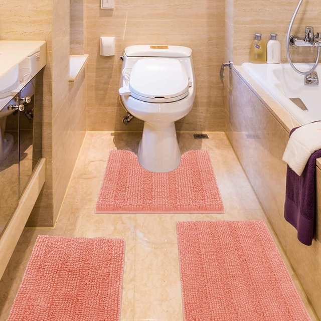 ACCUMTEK Striped Coral Bathroom Rug Set 3 Pieces Ultra Soft, Non Slip Chenille Toilet Mat, Absorbent Plush Shaggy Bath Mats for Bathroom, Bedroom, Kitchen