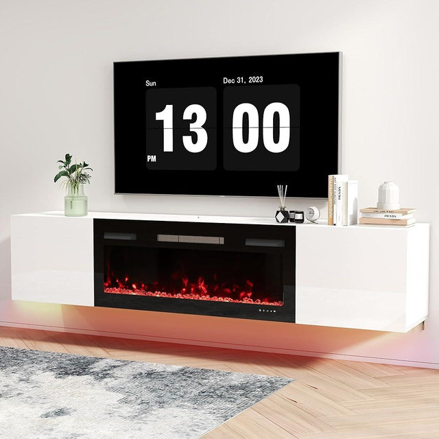 Real Relax 70" Floating TV Stand with 36" Electric Fireplace, Wall Mounted Entertainment Center with Storage, Remote Control, Modern LED Lights Fireplace TV Console for TVs Up to 80", White/Black