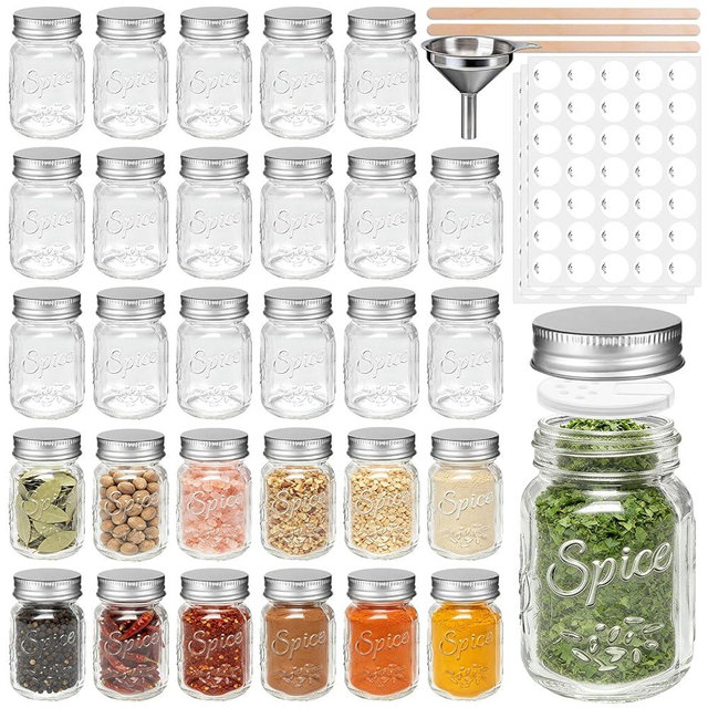 SZUAH 30 Pack 4 oz Glass Mason Spice Jars, Empty Spice Containers with Airtight Metal Lids & Pour/Sift Shaker Lids - Includes 105 Labels, Metal Funnel, Stirring Stick