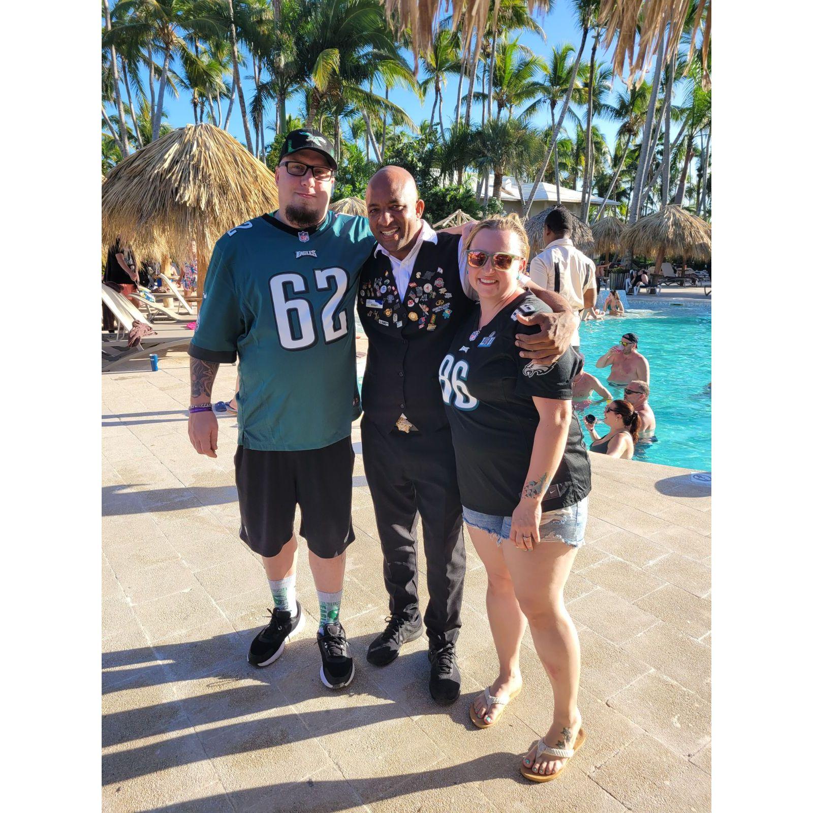 On our way to watch yet another Eagles game while on vacation. With our best buddy bartender William.