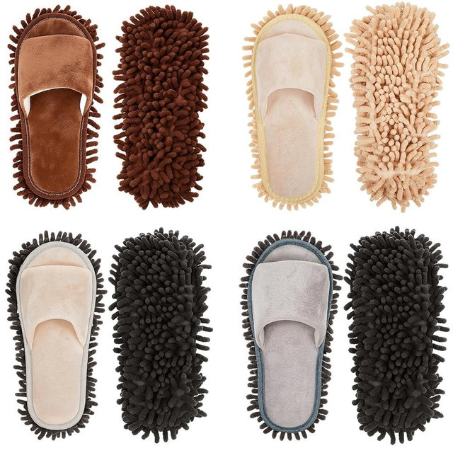 Jecery 4-Pair Washable Microfiber Mop Slippers - Detachable Dusting Shoes for Floor Cleaning, Office & Home Use - Suitable for Women & Men(Blue, Brown, Beige, White,L Size)