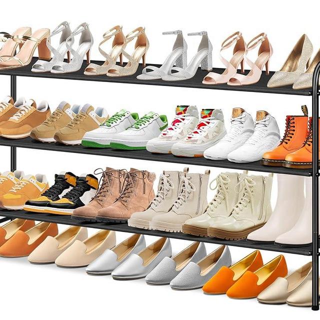 SLEEPING LAMB Long 3-Tier Shoe Organizer for Closet, Stackable Wide Shoe Rack Holds 24-Pairs Shoe Storage Shelf for Bedroom, Floor, Entryway (Black)
