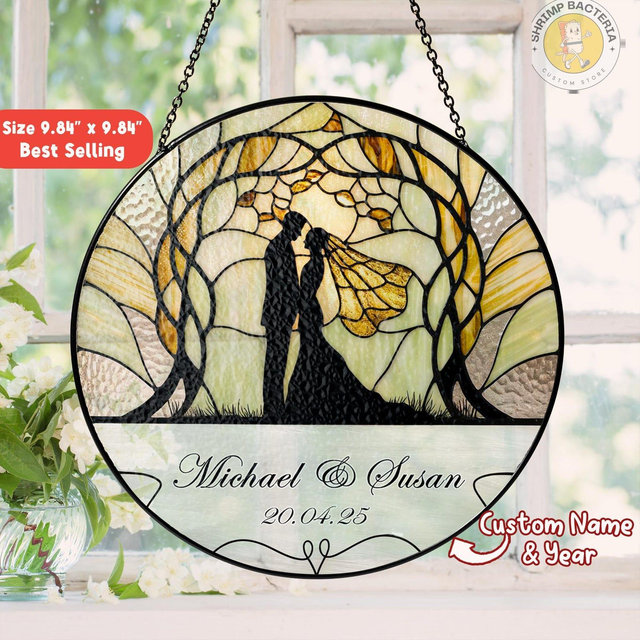 Personalized Wedding Stained Glass Suncatcher Ornament, Anniversary Couple Gifts For Wife, Husband To Wife Birthday, Mr & Mrs Couples Gifts