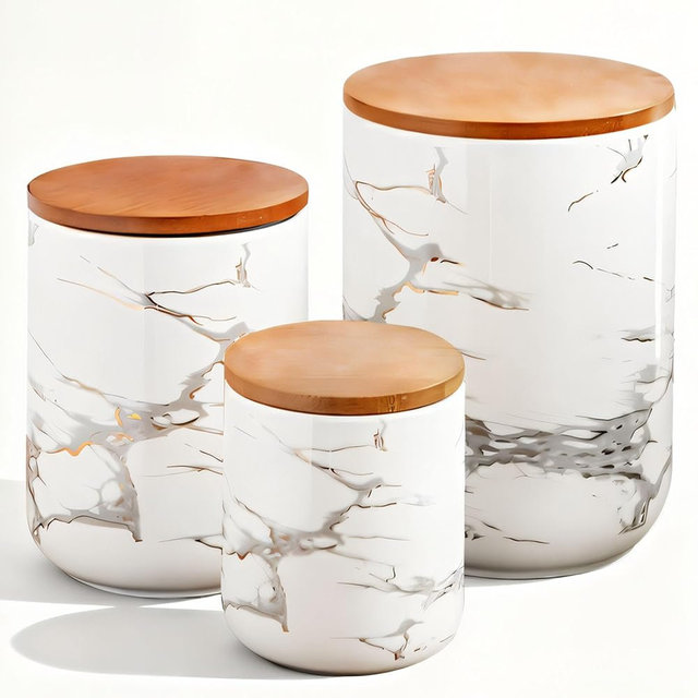 JOJUNO White Ceramic Canister Set with Bamboo Lid – 3-Piece Airtight Food Storage Jars for Kitchen Counter – Glossy Marble Design, Ideal for Flour, Sugar, Coffee, Tea, Spice – Small, Medium, Large