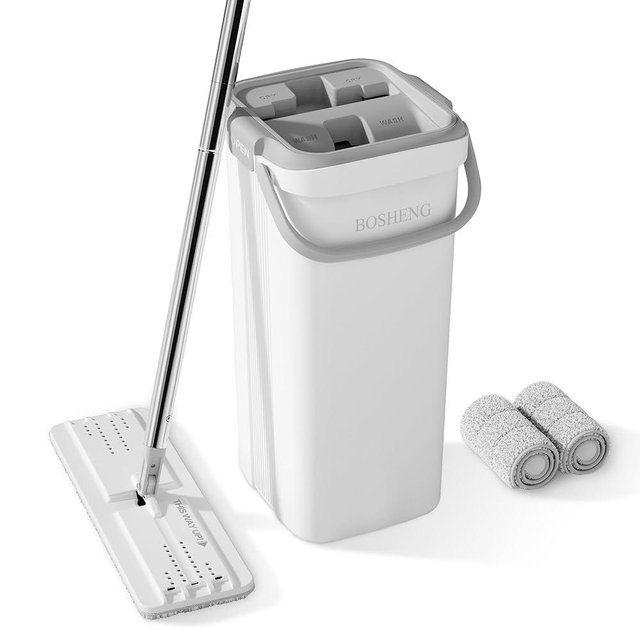BOSHENG Mop and Bucket Set, Flat Mops for Floor Cleaning, Wall Mop with 60" Extensible Handle, Hardwood Floor Mop with 2 Microfiber Pads
