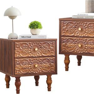 Nightstand, Farmhouse Bedside Table with 2 Drawers and Metal Handles, Wood Sofa Side Table End Table Accent Dresser for Bedroom, Living Room (Walnut-2 Packs) (15.75 x 16.02 x 18.15 Inch)