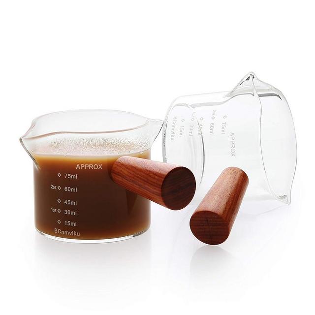 2 PCS Double Spouts Measuring Triple Pitcher Milk Cup with Wood Handle 75ML Espresso Shot Glasses Parts Clear Glass By BCnmviku