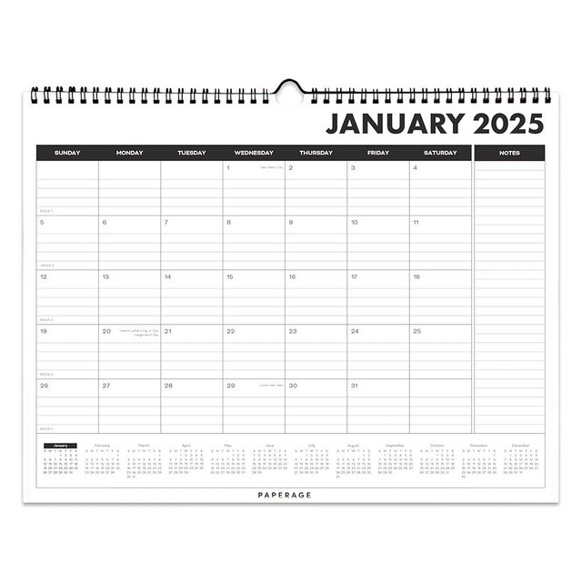 PAPERAGE Calendar 2025-12 Month (Black), Minimalist Wall and Desk Calendar with Monthly Views and Yearly Plans – Medium (11.5 in x 14.75 in)
